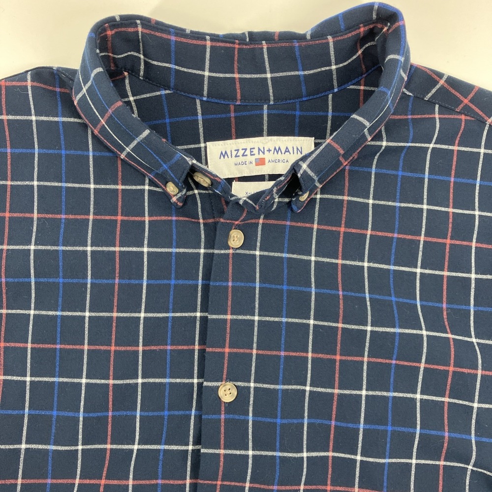 Mizzen Main Shirt Mens XL Blue Plaid Classic Button Down Performance Stretch